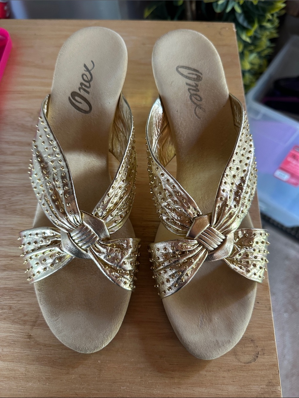 Onex Metallic Gold Knot-Front Slide Mules